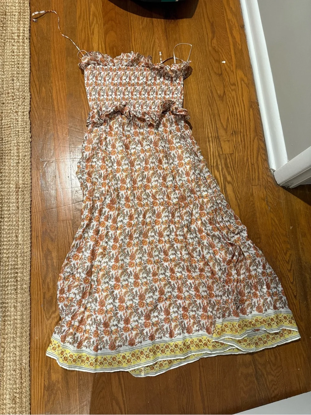 J. Crew Rust Floral Smocked Maxi Dress with Yellow Border